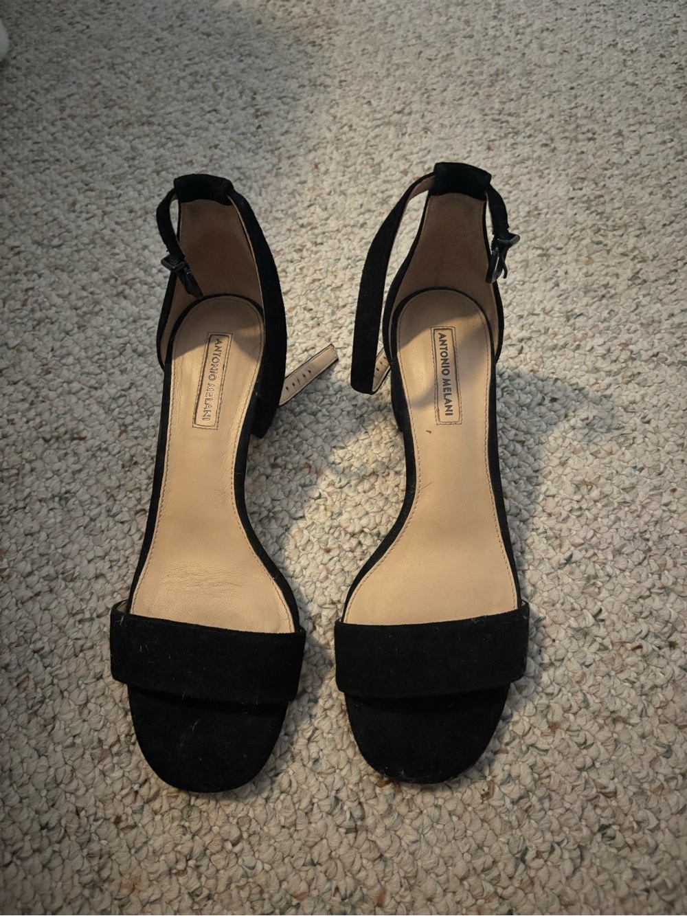 ANTONIO MELANI Black Suede Open-Toe Ankle-Strap Heels